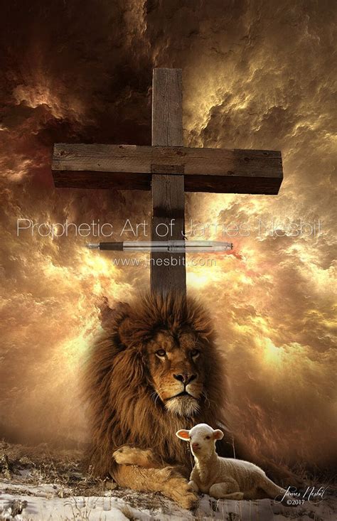 a lion and lamb sitting under a cross in front of a dramatic sky with ...