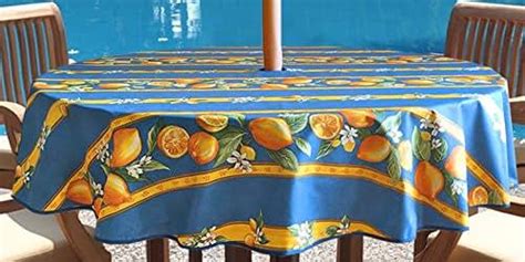 Amazon.com: Umbrella Hole Round 60 inches Tablecloth - Provence Coated Lemons in Blue - Water ...