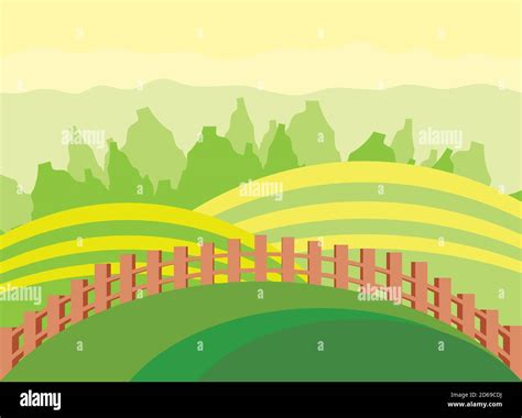 landscape farming fields with wood fence and trees nature vector illustration Stock Vector Image ...
