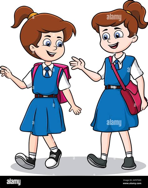 Two Schoolgirls are going to school cute cartoon vector illustration ...