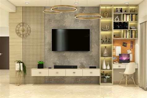 Modern Spacious TV Unit Design With Exposed Concrete Wallpaper | Livspace