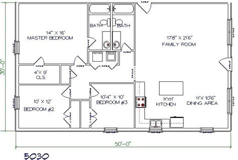 barndominium floor plan 3 bedroom 2 bathroom 50x30 | Barndominium floor plans, Pole barn house ...