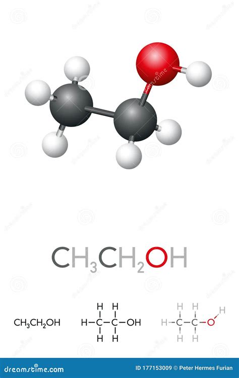 Ethanol, CH3CH2OH, Ethyl Alcohol, Molecule Model and Chemical Formula Stock Vector ...