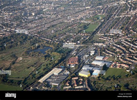 Aerial view north east of South Norwood Country Park recreation ground allotments suburban ...