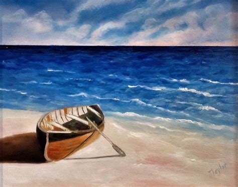 Boat on the Beach Original Oil Painting is a Simple Sceen With Sea and Sand. the Water is ...