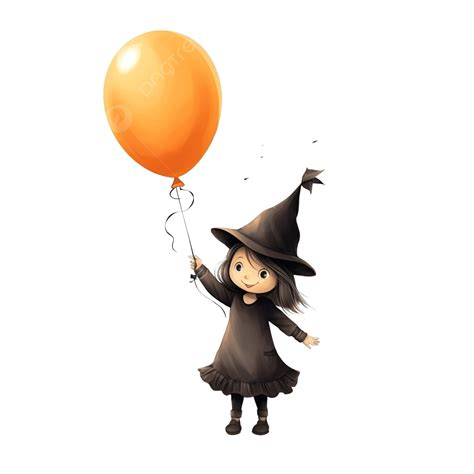 A Little Girl In A Witch Hat Sticks A Black Bat To An Orange Balloon ...