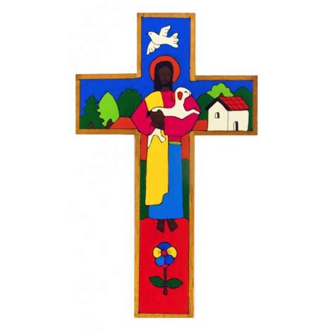 Good Shepherd Cross. Painted wood Cross from Latin America.