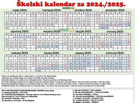 Školski kalendar s praznicima za 2024./2025 godinu - Kalendar školske ...