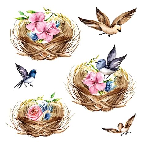 Premium AI Image | A set of birds in a nest with flowers and birds