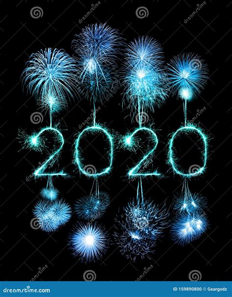 2020 Happy New Year Fireworks Written Sparklers at Night Stock Photo ...