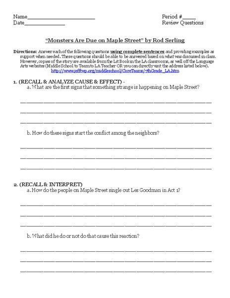 "Monsters Are Due on Maple Street" by Rod Serling Worksheet for 6th - 9th Grade | Lesson Planet