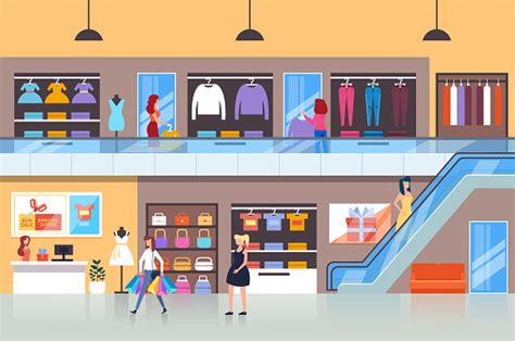 People Characters Consumers Making Purchases In Shopping Mall Vector ...