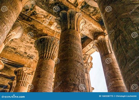 Ancient Egyptian Architecture Ruins. Hieroglyphs and Columns of the Temple of Horus at Edfu, in ...