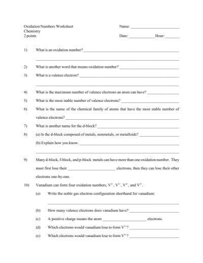 Oxidation Numbers Worksheet Name