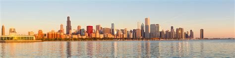 Panoramic Of Golden Sunrise Across Chicago Skyline Stock Photo - Download Image Now - iStock