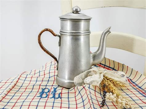 Antique French Aluminium Coffee Pot With Filter, Small Size Coffee Pot With Woven Wicker Handle ...