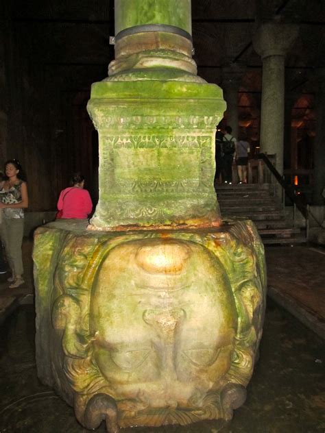 One of 2 Medusa heads that serve as bases for columns in the Basilica Cistern, Istanbul, Turkey ...