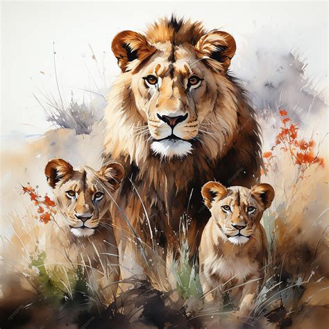 Premium AI Image | Illustrate a watercolor scene featuring a lion family