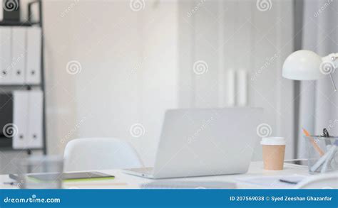 Empty Office Room with Laptop on Desk Stock Photo - Image of networking ...