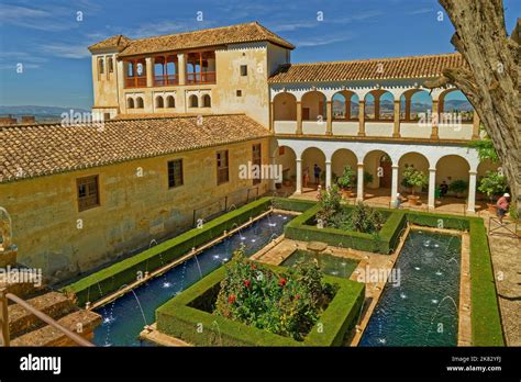 Palace buildings at the Generalife Gardens of the Alhambra palace ...