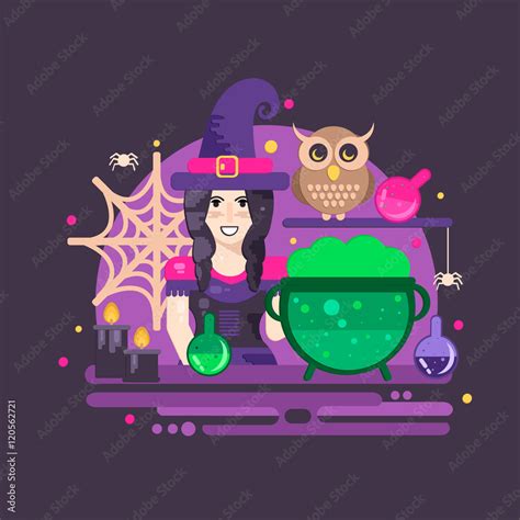 Witches cauldron halloween composition. Halloween poster with witch ...