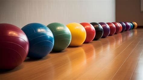 Premium AI Image | A row of medicine balls of different sizes and colors on the floor