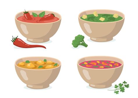 Free Vector | Bowls of soups set. Tomato gazpacho with red hot pepper, broccoli green puree ...