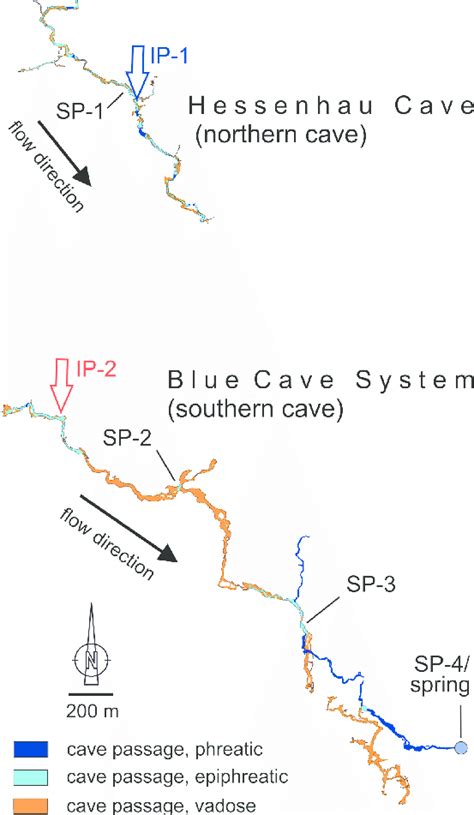 Map of the two caves with indication of phreatic, epiphreatic and ...