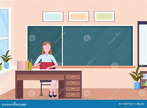 Woman Teacher Sitting at Desk Reading Book Education Concept Modern School Classroom Interior ...