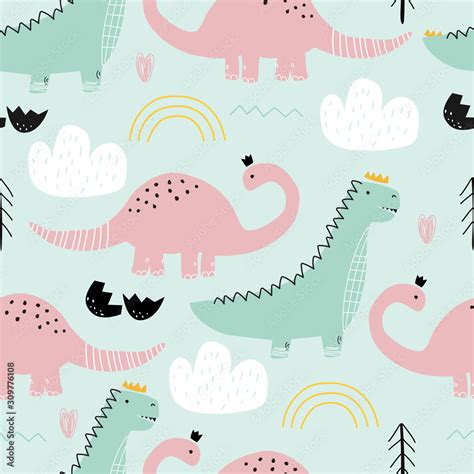 Seamless pattern with dinosaurs on colored background. Vector ...