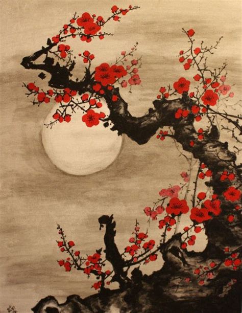 a painting with red flowers on it and a tree in the foreground is a full moon