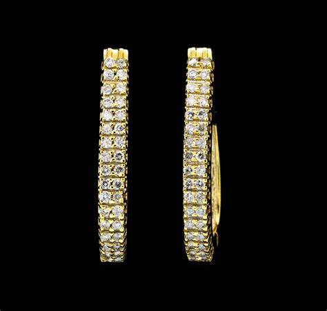 14K Yellow Gold 5.75 Grams 1.00 Carat t.w. Diamond Two Row Design Hoop Earrings | Property Room