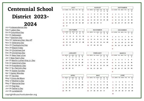 Centennial School District Calendar with Holidays 2023-2024