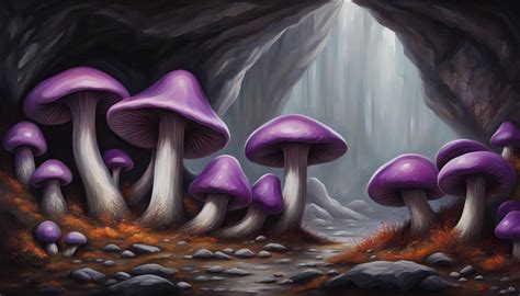 "giant vividly colored purple mushrooms in huge gray cave", oil ...