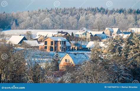 Winter Countryside, Frosty Trees and Houses of the Village Stock Photo - Image of december ...