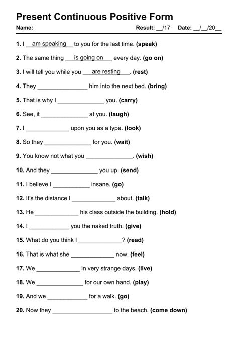 101 Present Continuous Positive PDF Worksheets with Answers - Grammarism