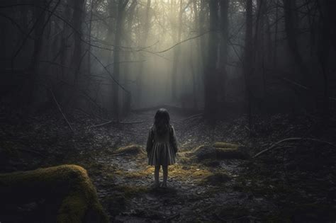 Premium Photo | Little girl walking In the dark mystery forest back ...