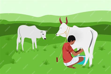 Premium Vector | Vector illustration of an indian farmer milking a cow