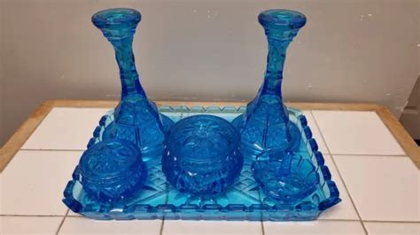 VINTAGE ART DECO Uranium Glass Dressing Table Vanity Set Complete ...