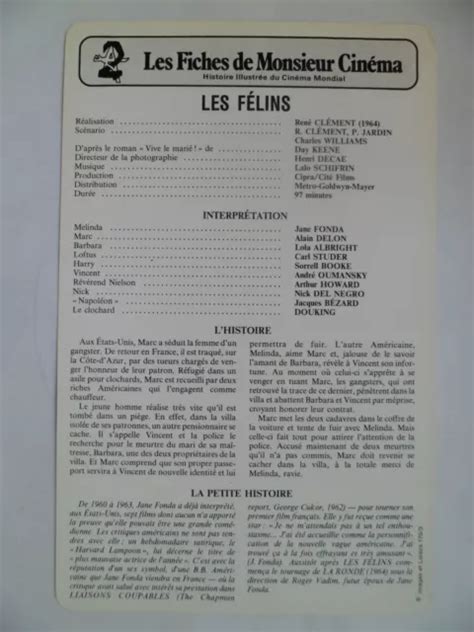 CARTE FICHE CINEMA 1964 LES FELINS Jane Fonda Alain Delon Lola Albright ...