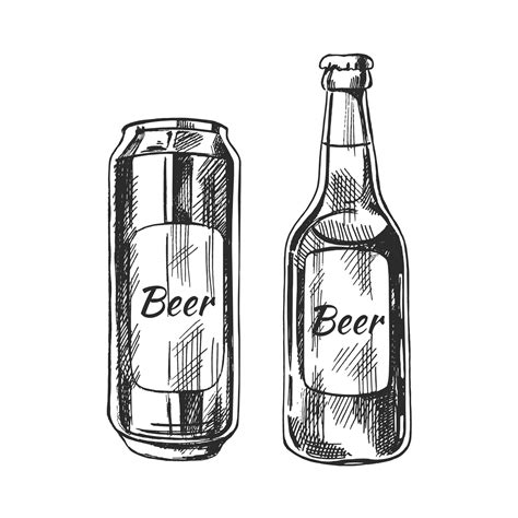 Hand-drawn sketch of beer can and bottle isolated on white background ...