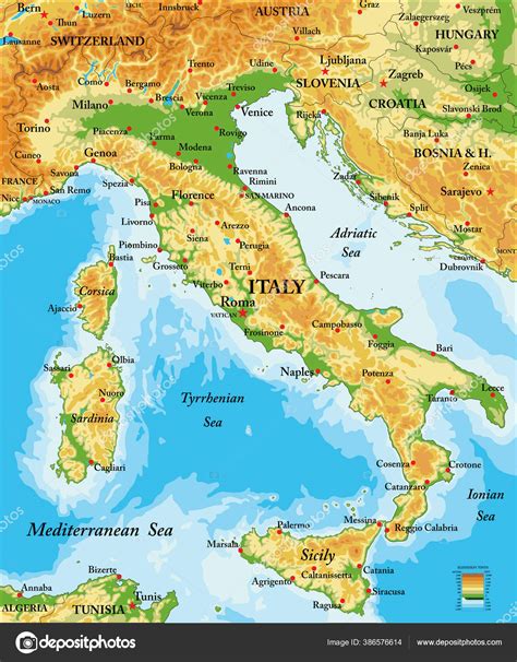 Highly Detailed Physical Map Italy Vector Format All Relief Forms Stock ...