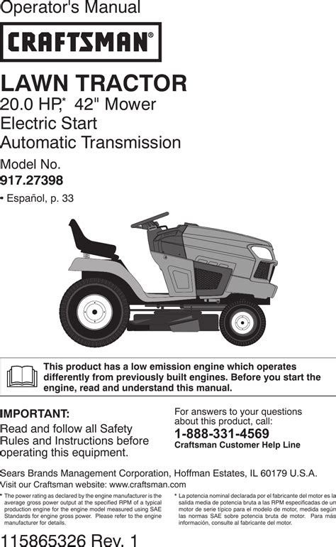 Craftsman 917273980 27398 op es 115865326_r1 User Manual LAWN TRACTOR Manuals And Guides 1701077L