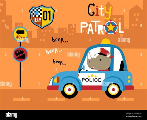 Vector illustration of cartoon rhino driving police car on buildings background, traffic element ...