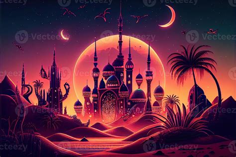 illustration of Fairy - tale Arabian night city with towers and mussels ...