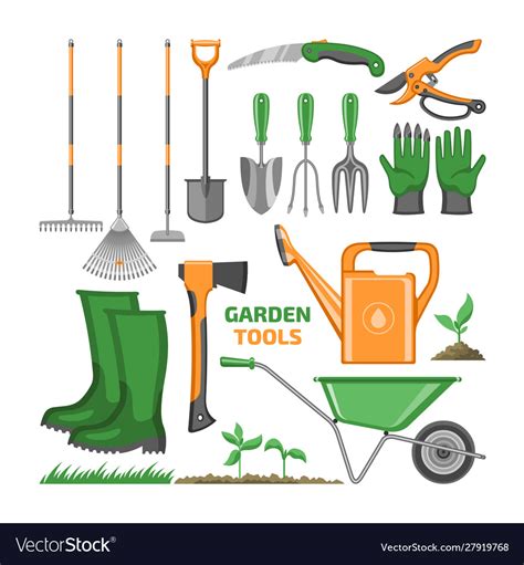 Garden tool gardening equipment rake shovel Vector Image