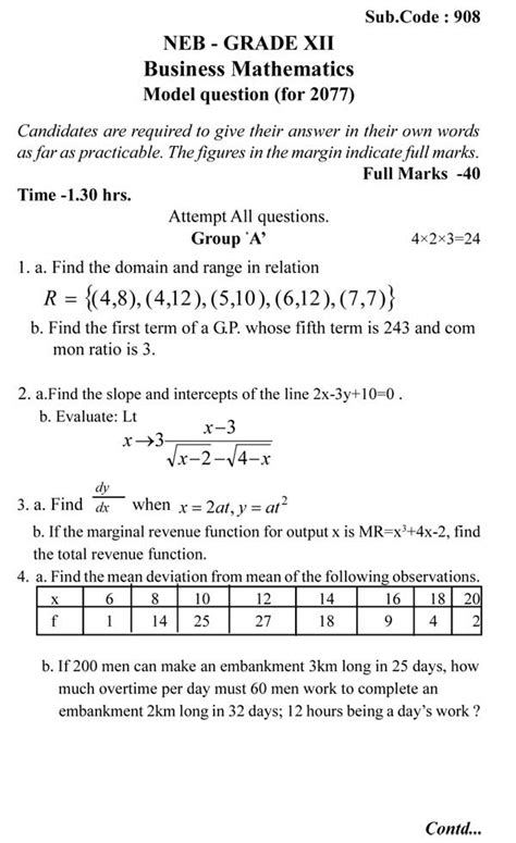 NEB Grade 12 Business Mathematics Model Questions