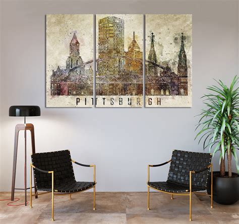 Pittsburgh Watercolor Canvas Set Wall Art Pittsburgh Skyline Living ...