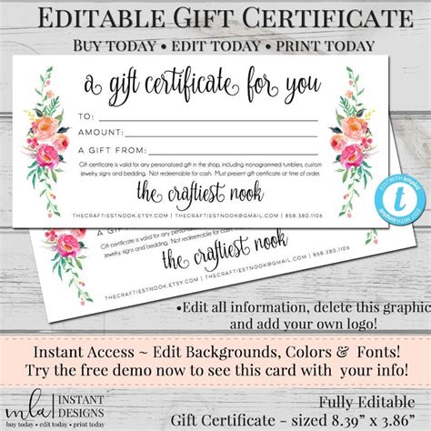 Editable Gift Certificate Template DIY Gift Certificate - Etsy