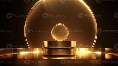 Golden podium with round frame on black background. Award ceremony ...